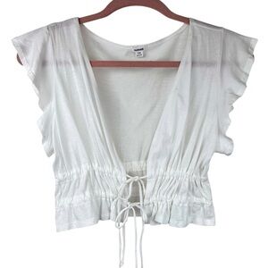 Garage white sheer cropped top, S, ruffle sleeves, tie up front, deep v, coverup